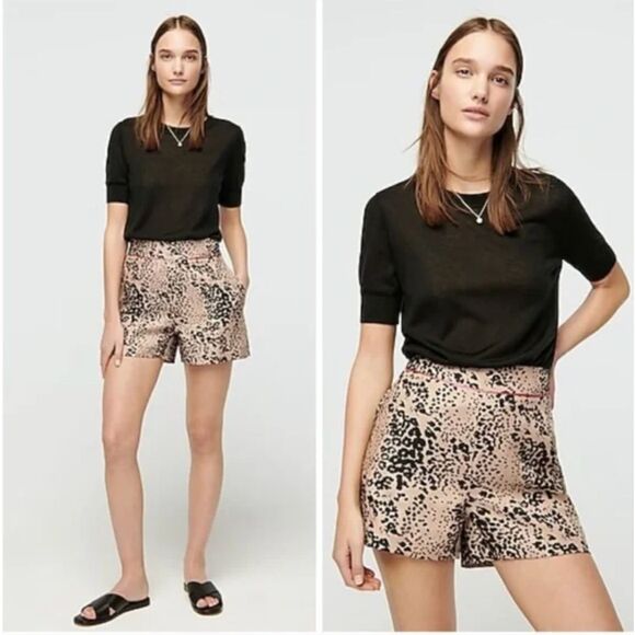 NWT J. Crew Trouser Shorts Tan Leopard Print Linen Blend Mob Wife Size 8 - Picture 1 of 6